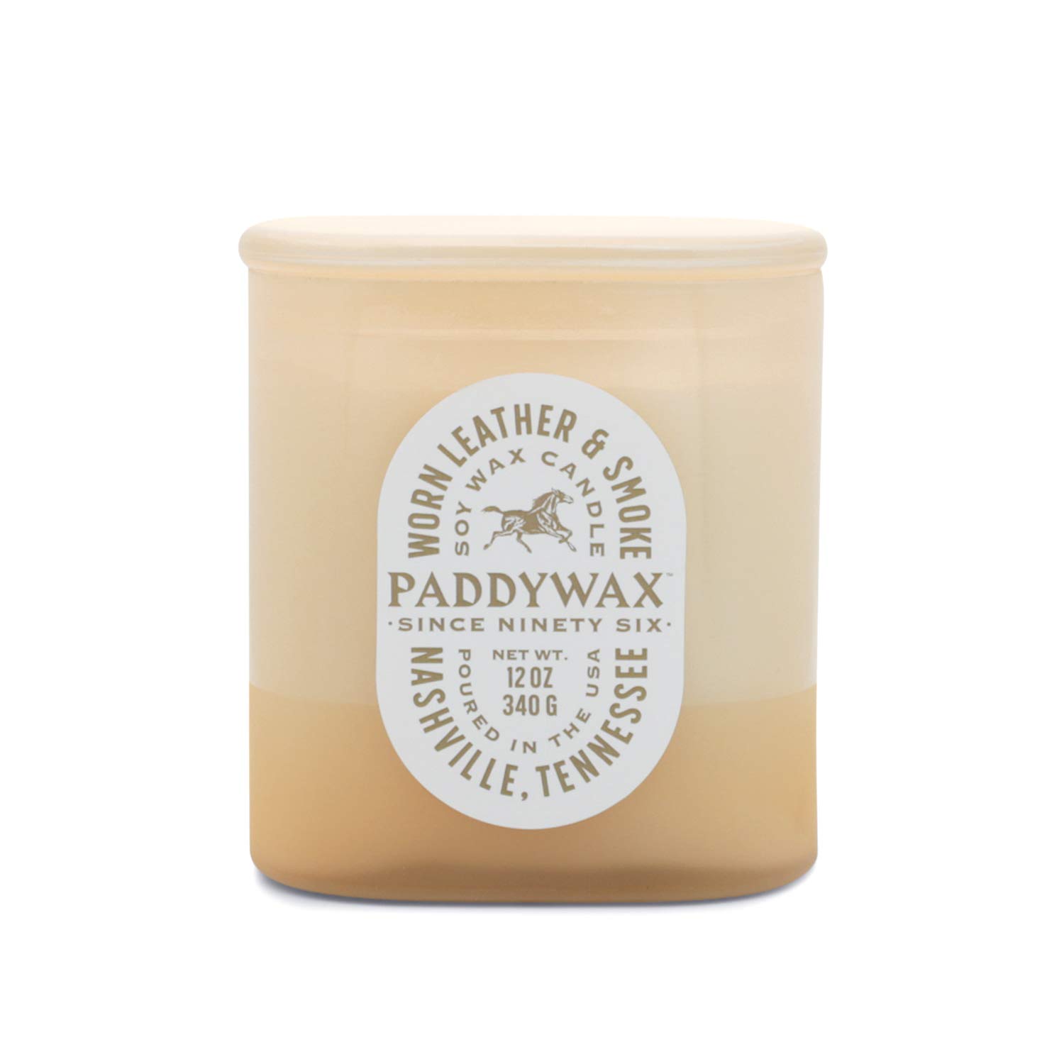 Paddywax Scented Candles Vista Collection Vintage Style Artisan Candle in Frosted Glass, 340g, Worn Leather & Smoke