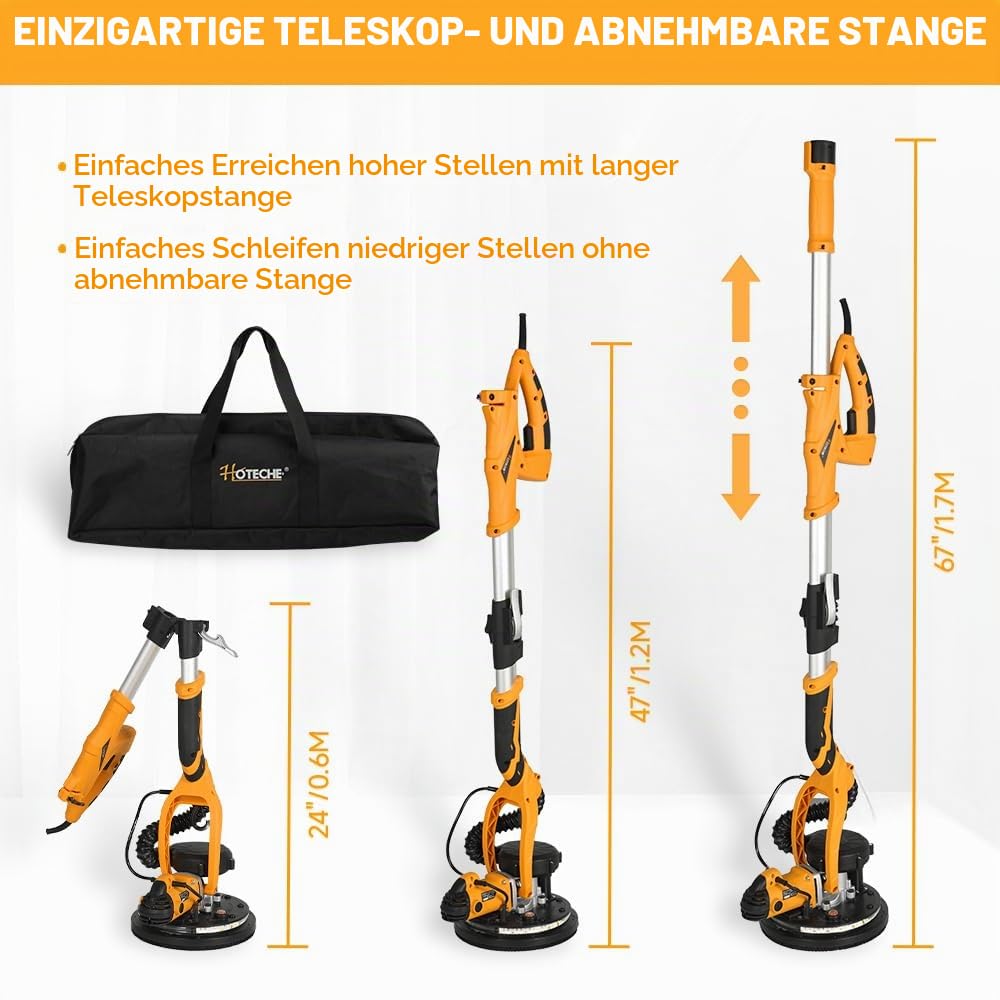 Hoteche 800W 225MM Trockenbauschleifer Wandschleifer mit Absaugung Langhalsschleifer 220-240V 50/60Hz 800-1800 rpm faltbarer verlängerbarer Griff LED Licht Selbstansaugend und Zubehör