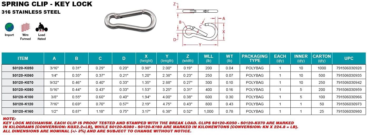 Stainless Steel Key Lock Spring Snap Hook Carabiner Grade 316 SS (7 Different Sizes)