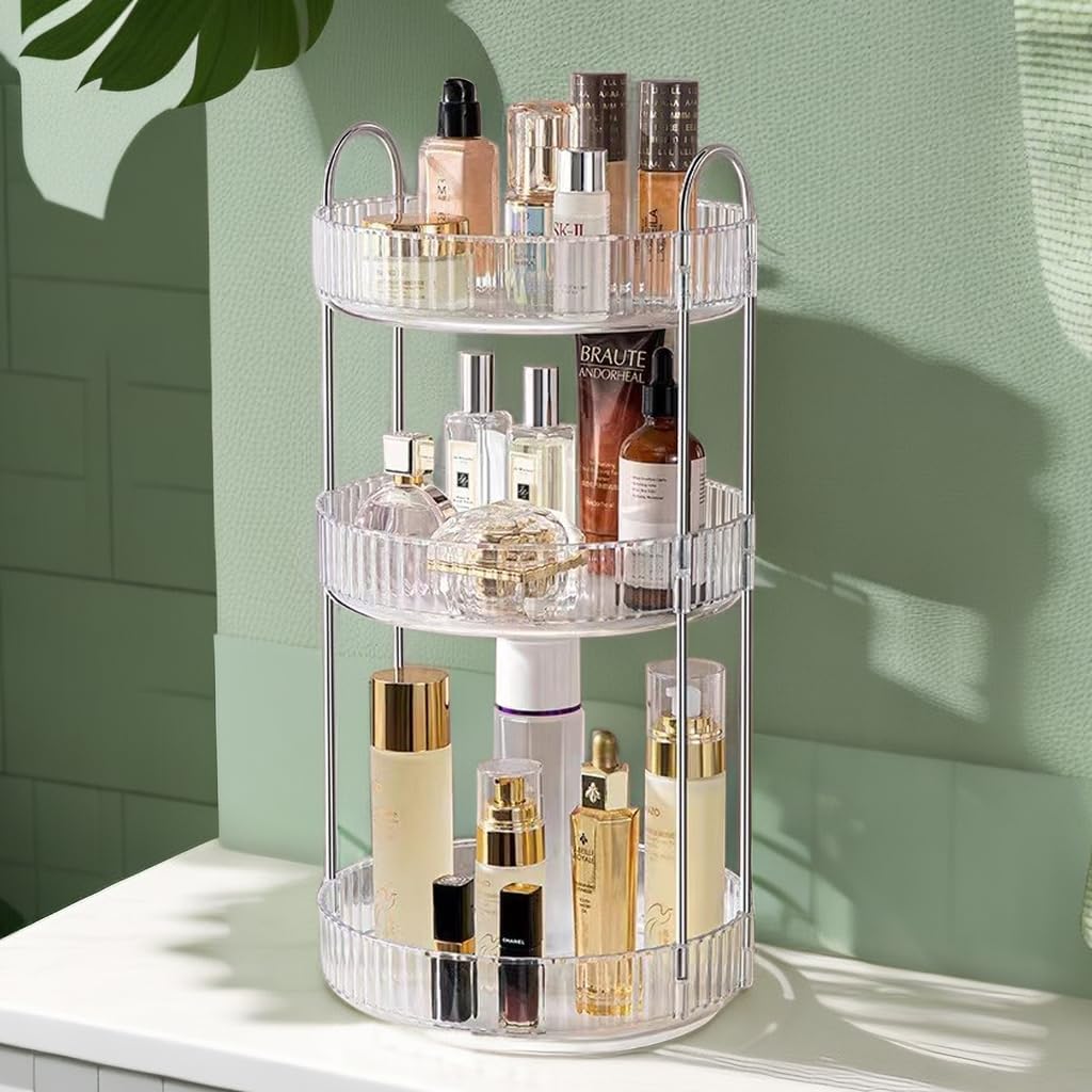 360° Rotating Makeup Organizer for Vanity, Cosmetic Display Case, 3 Tire Large Capacity Cosmetic Storage Shelf, Beauty Organizer for Skincare, Perfume, Sundries, and Makeup Display (Transparent)