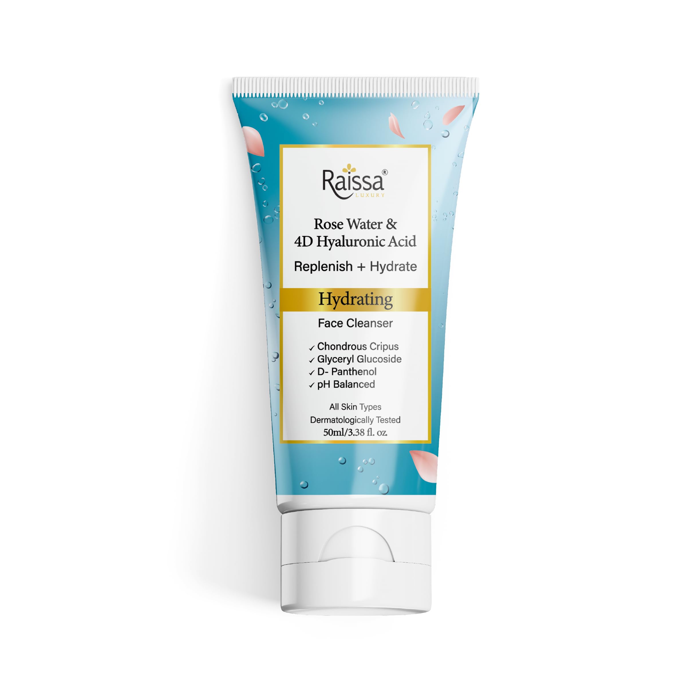 Raissa Luxury Rose Water & 4D Hyaluronic Acid Hydrating Face Cleanser | Chondrus Crispus extracts, D-Panthenol | pH Balanced, Clinically Tested, Non-irritant |Soap, Silicone & Paraben Free, 50g-picture-10
