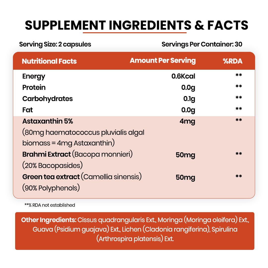 Vlado’s Himalayan Organics Naturally Sourced Astaxanthin 4mg Supplement | Supports Antioxidant Brain,Eye & Skin Health | Improves Muscle Endurance & Recovery, Builds Immunity - 60 Veg Capsules