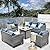 HOOOWOOO Patio Outdoor Furniture Set with Propane Fire Pit Table,5 Piece Modern Wicker Couch Sofa Set, Outside All Weather Resistant Conversation Seating Set with Tilt Back(Denim Blue)