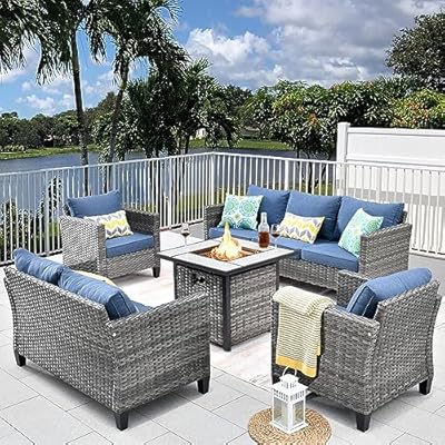 HOOOWOOO Patio Outdoor Furniture Set with Propane Fire Pit Table,5 Piece Modern Wicker Couch Sofa Set, Outside All Weather Resistant Conversation Seating Set with Tilt Back(Denim Blue)