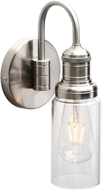 Yosoan Lighting Modern Vintage Industrial Globe Sconce Wall Light Fitting with Long Clear Glass Lampshade, for Office Home Kitchen Living Room Bedroom Loft Bar (Brushed)