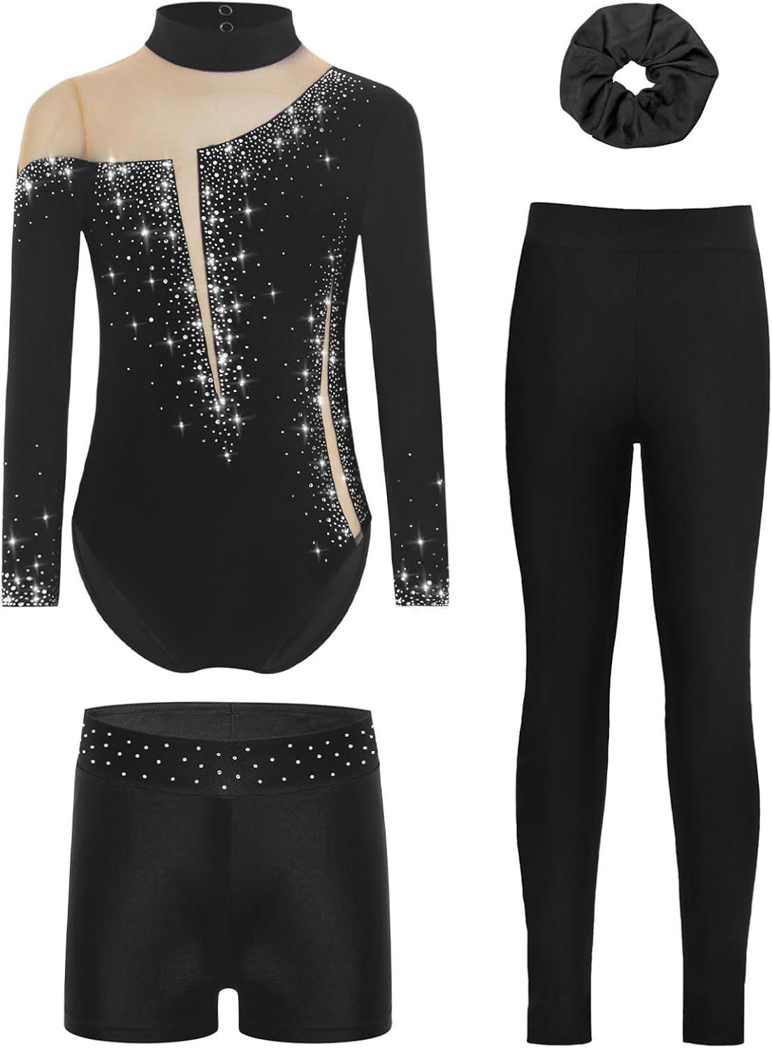 YiZYiF Kids Girls Gymnastic Outfits Set Sparkle Ballet Leotard with Shorts Leggings and Hairband Dancing Unitards Black 10 Years
