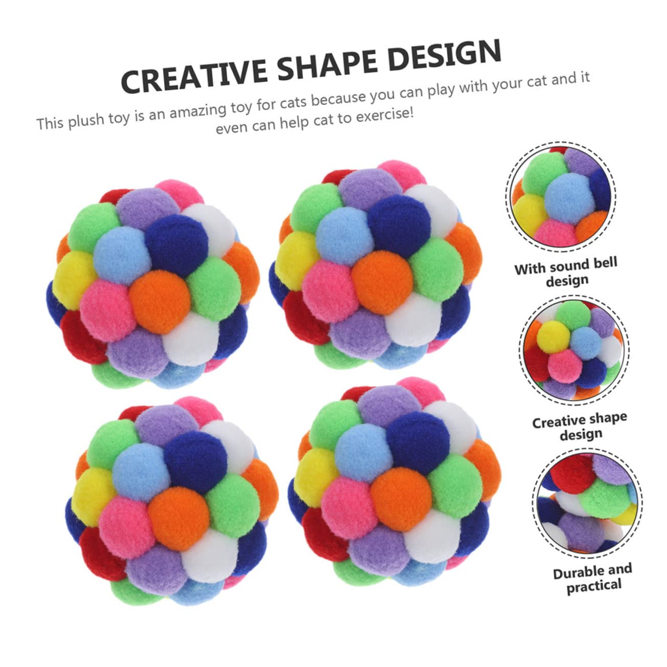 FRCOLOR Lot de 4 Balles Jouets pour Chats D'intérieur en Peluche avec Clochettes pour Garder Le Chat Actif et Aiguiser Ses Griffes
