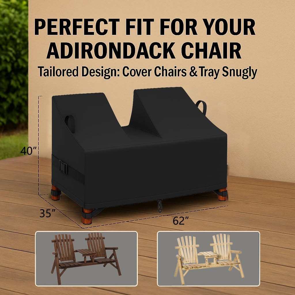 Wooden Adirondack Chair Cover for Set of 2 with Tray, Waterproof Firepit Chair Cover Heavy Duty Patio Set Covers fit 62" L x 35" W x 40" H, Black