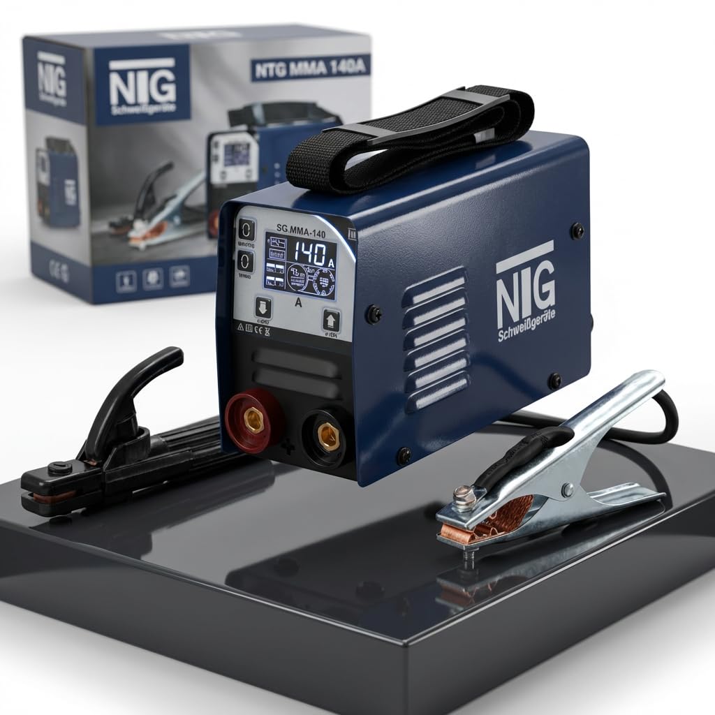 NTG Juego de electrodos de soldadura E-Hand MMA IGBT con pantalla digital de 140 amperios, tecnología IGBT, antiadherencia, arranque en caliente, fuerza de arco + escudo protector