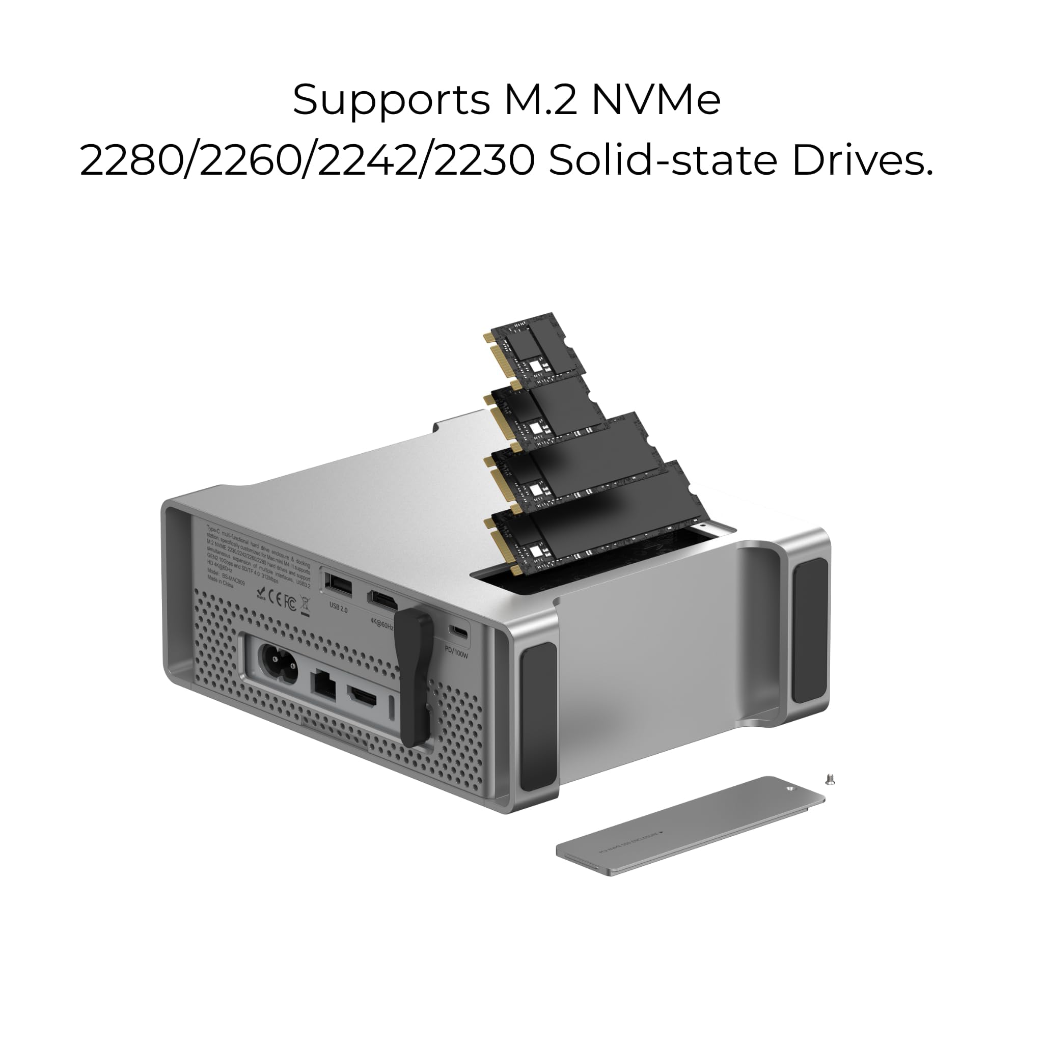 Station d'accueil 9 en 1 pour Mac mini avec boîtier SSD, support vertical en aluminium pour Mac Studio et Mini, HDMI 4K @ 60 Hz, 100 W PD USB-C, hub USB 3.2 10 Gbit/s, support M.2 NVMe SATA, argent