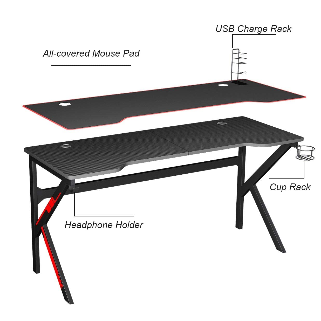 sogesfurniture Scrivania per Computer da Gioco,con ampio tappetino per mouse gratuito, supporto per maniglia da gioco USB, portabicchieri e gancio per cuffie, 160x60x75cm, BHEU-LJ-1909-160all