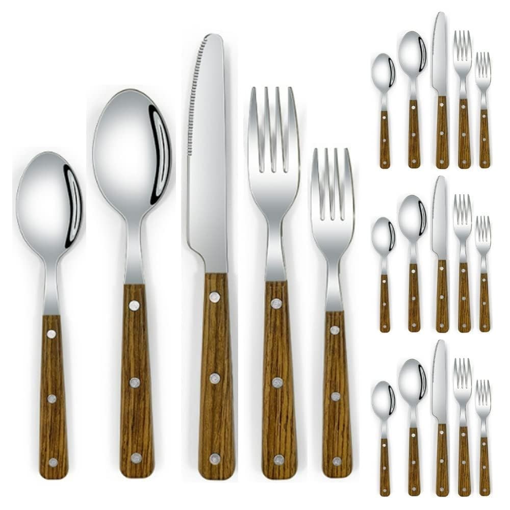 Besteckset aus Edelstahl mit Griff in Holzmaserungsoptik, inklusive Steakmesser, Gabel, Löffel, Teelöffel, Küchengeschirr, 5-teiliges Besteckset (A 20-teilig)