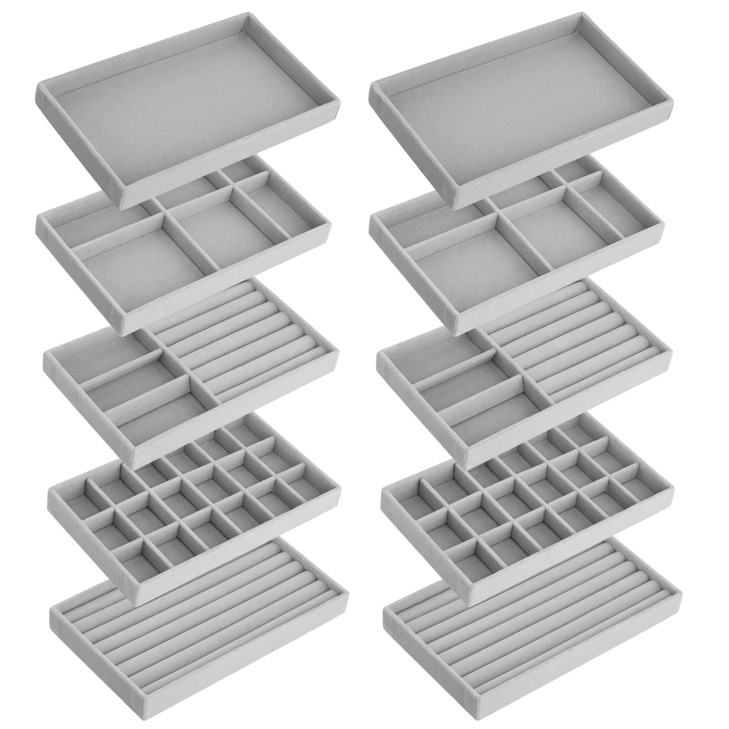 Qwork Grey Qwork® 10 Pcs Stackable Velvet Jewelry Organiser Trays For Drawer - 21X12x2.5cm - Gray Storage Display For Earrings, Rings, Necklaces, Bracelets