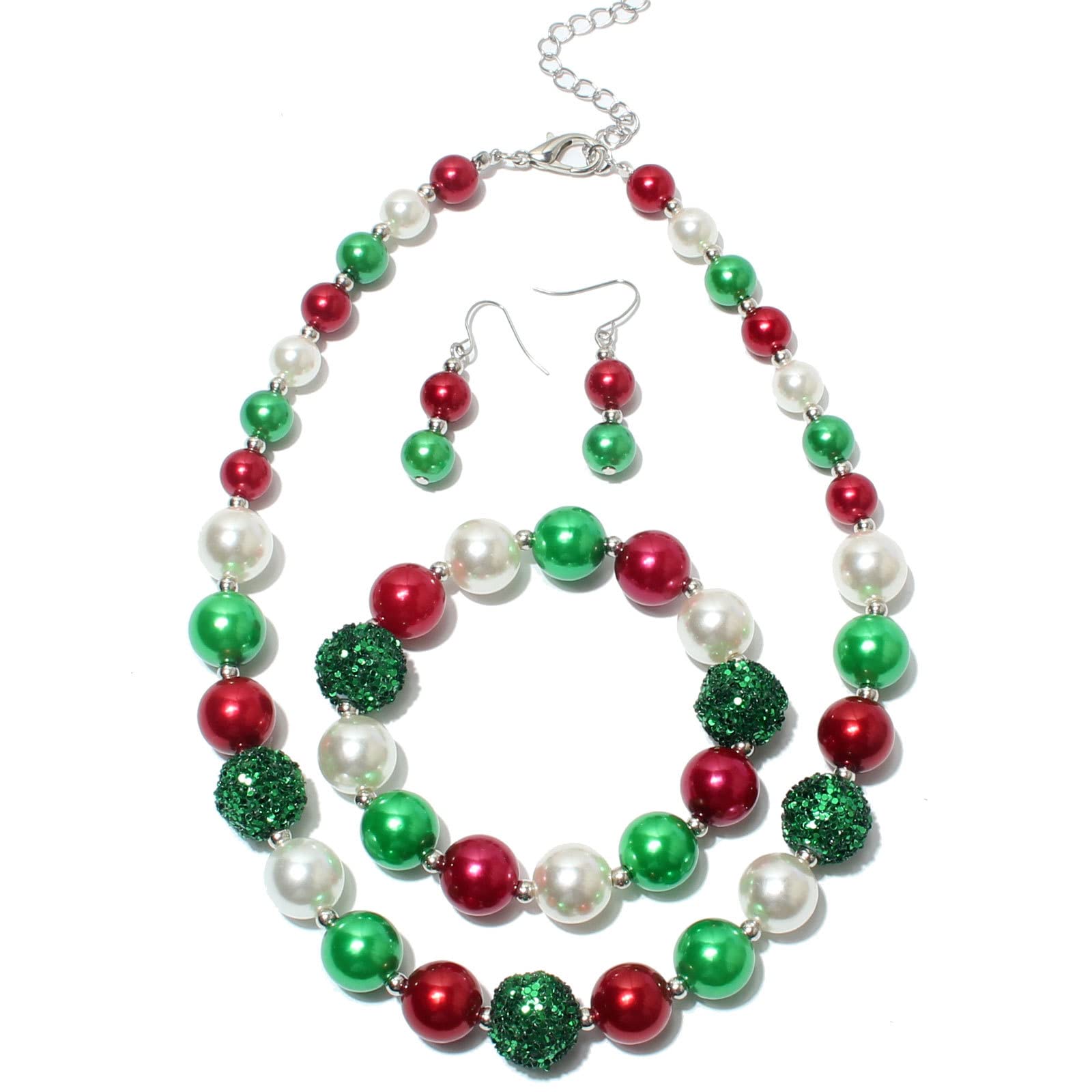 Pingyongchang3Pcs/set Christmas Big Simulated Pearl Statement Necklace Red Green Earrings Bracelet Christmas Festival Holiday Jewelry Set for Women Xmas Party Gifts