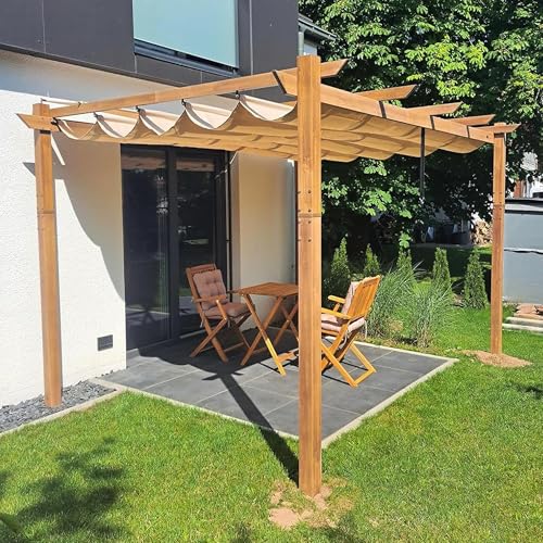 PURPLE LEAF Pergola Aluminium 4 x 3 m Pergola Jardin Extérieur Finition Teck, Toile Coulissante Rétractable, Tonnelle Imperméable, Barbecue Extérieur,...