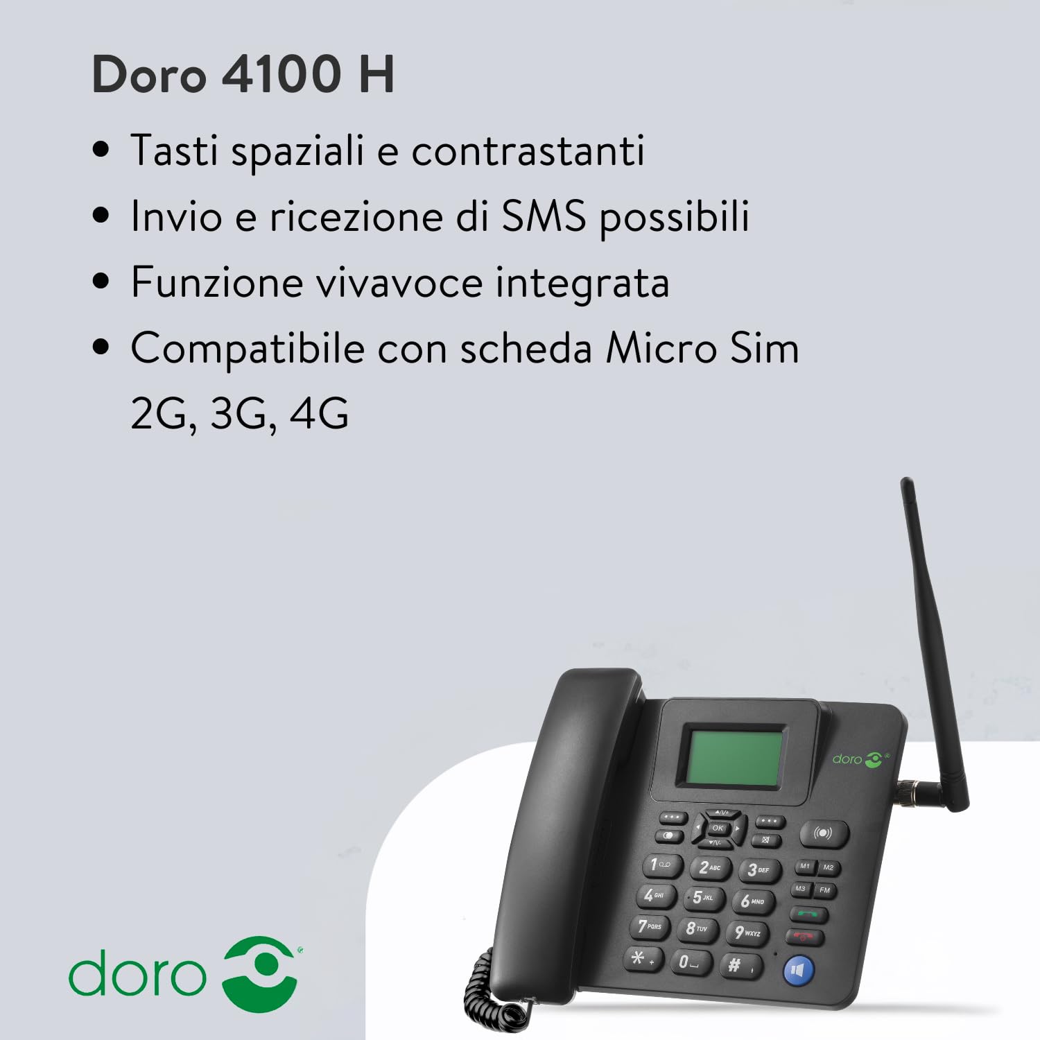 Doro 4100H Cellulare 4G (Simphone LTE+3G+2G) - Mani libere, Tasto di assistenza, 3 memorie dirette, Radio FM, Scheda Micro SIM - Ideale per casa, ufficio, vacanze e roaming