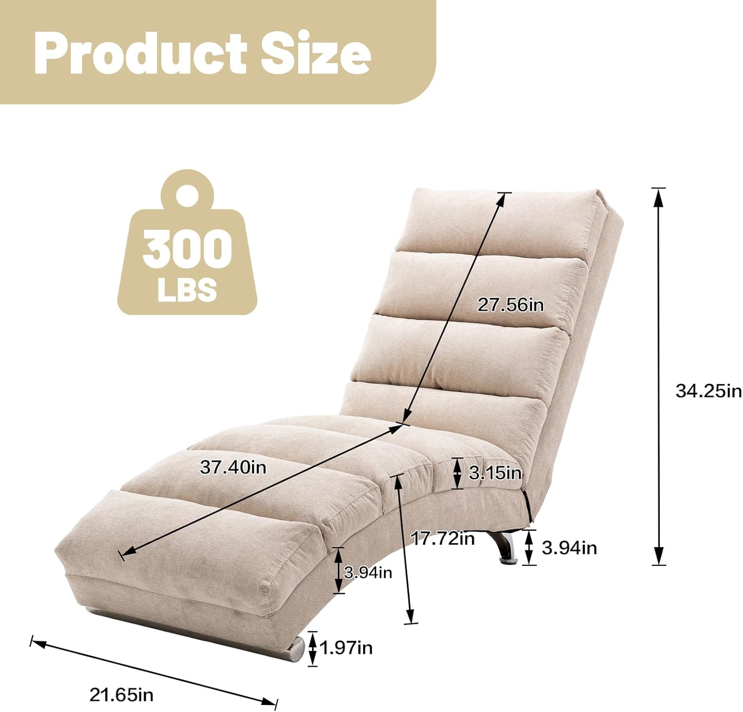 Chaise Lounge Chair Linen Upholstered Lounge Sofa with Electric Massage Ergonomic Recliner Indoor Chair Modern Long Lounger Leisure Chair for Office, Living Room,Bedroom，Beige