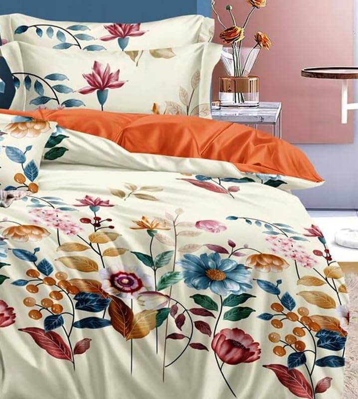 Image of Polycotton Double Bed Bedsheet, Flat Sheet with 2 Pillow Covers, Queen (90x100 inch), 300 TC, Multi & Cream, Set of 3