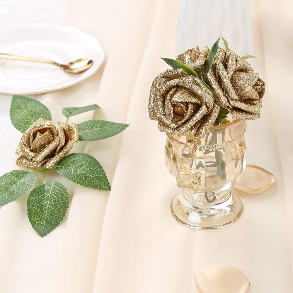 IPOPU Glitter Roses,25PCS Gold Roses Artificial Flowers Fake Rose with Stem for DIY Wedding Bridal Bouquet Home Party Decoration(Gold) - Image 7