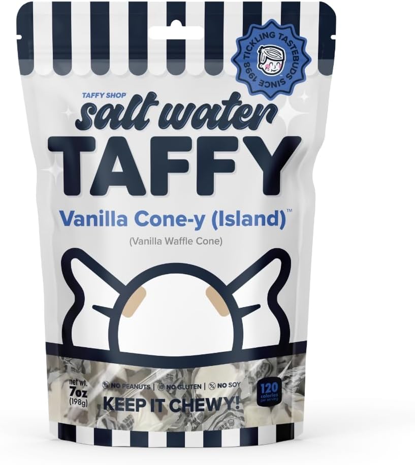 Taffy Shop Vanilla Cone-y (Island), Vanilla Salt Water Taffy – Gourmet Soft Chewy Candy, Bulk Sweet Snack, Fresh Gift & Gluten-Free, 30 Individually Wrapped Pieces (7oz)
