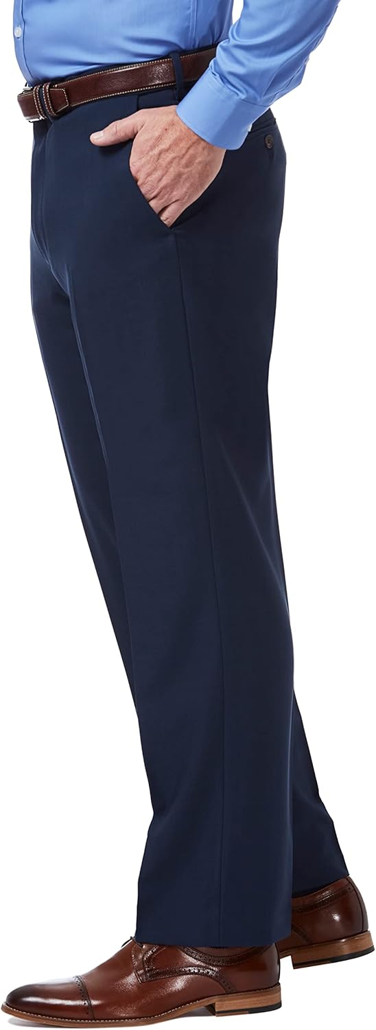 Haggar Mens Premium Comfort Classic Fit Flat Front Expandable Waist Dress Pants, Blue, 34W x 30L US
