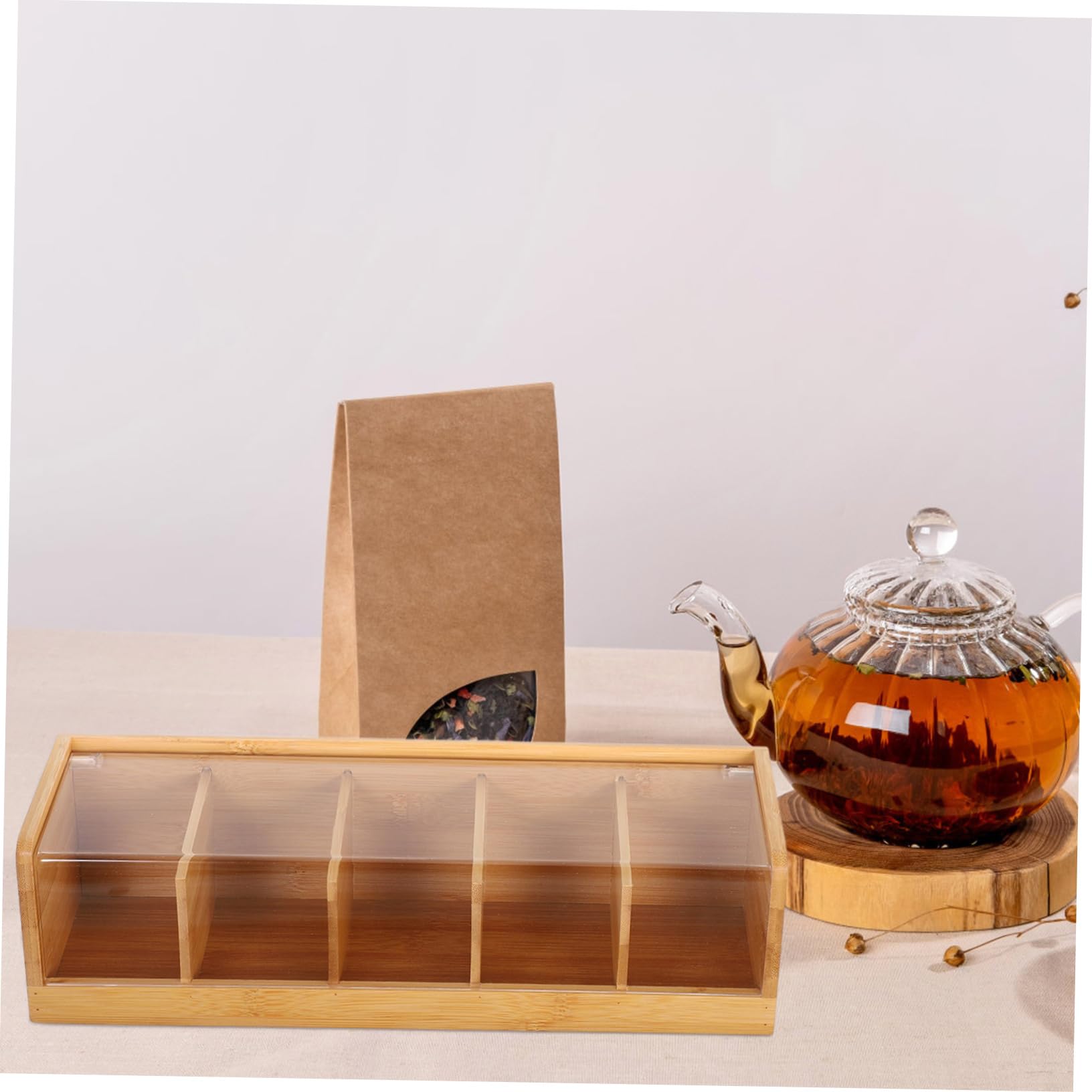 COLLBATH Caja de Bolsitas de Té de 5 Compartimentos en Bambú con Tapa