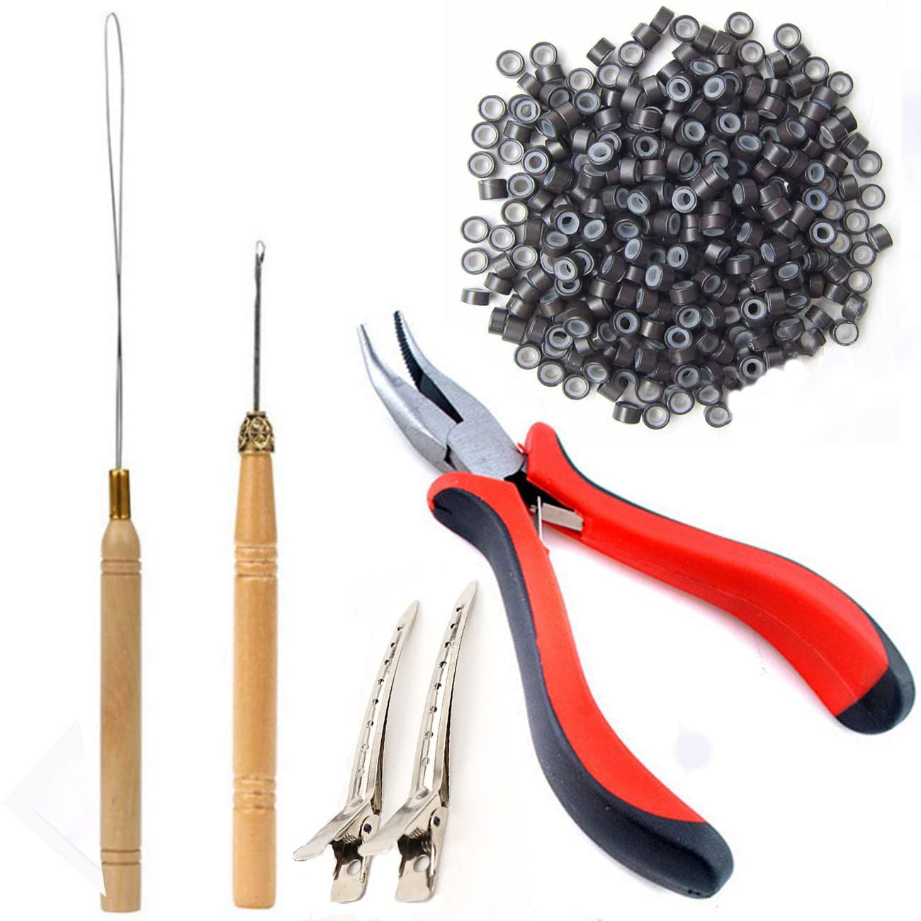 Hair Extensions Tools Kit 500 Pcs Micro Ring Beads 1 Hair Extension Plier 1 Hook Needle 1 Pulling Loop,for Fairy Hair Tinsel Strands Professional Hair Styling Tools Accessory (Dark Brown)