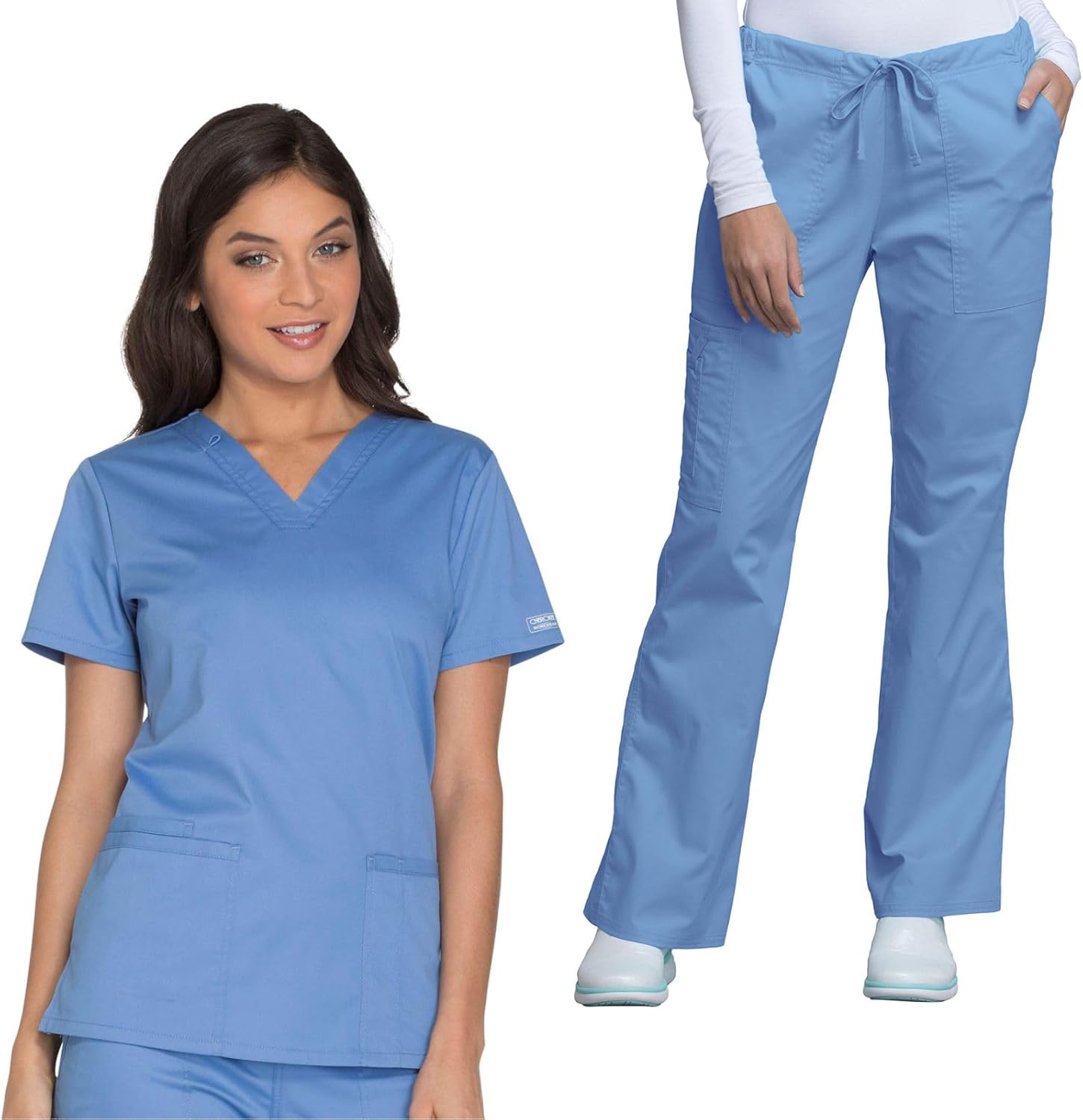Cherokee Women's Scrub Set 3 Pockets V-Neck Top WW630 With 4 Pocket Mid Rise Drawstring Cargo Pant 4044