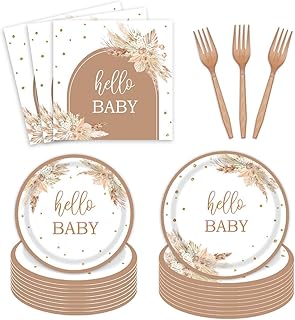 96pcs Boho Baby Shower Party Plates and Napkins Tableware Set for 24 Guests Bohemian Pampas Grass Floral Rainbow Arch Party Dinnerware Supplies Favors Decorations for Hello Baby Events