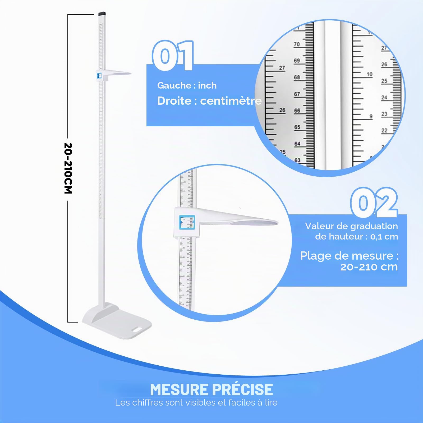 Jauge de hauteur Stadiomètre portable,altimètre pour examen médical,Double affichage avec plage de mesure de 20 à 210cm Convient aux cabinets médicaux,à la maison et aux salles Sport