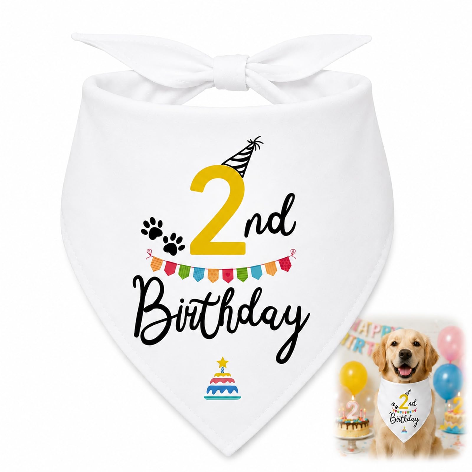 Dog 2nd Birthday Bandana - Soft Breathable Pet Scarf, Durable Printed Triangle Bib, Cute Party Photo Prop, Adjustable Neck Scarf for Puppy, Small Medium Large Dogs, Indoor Outdoor Photo