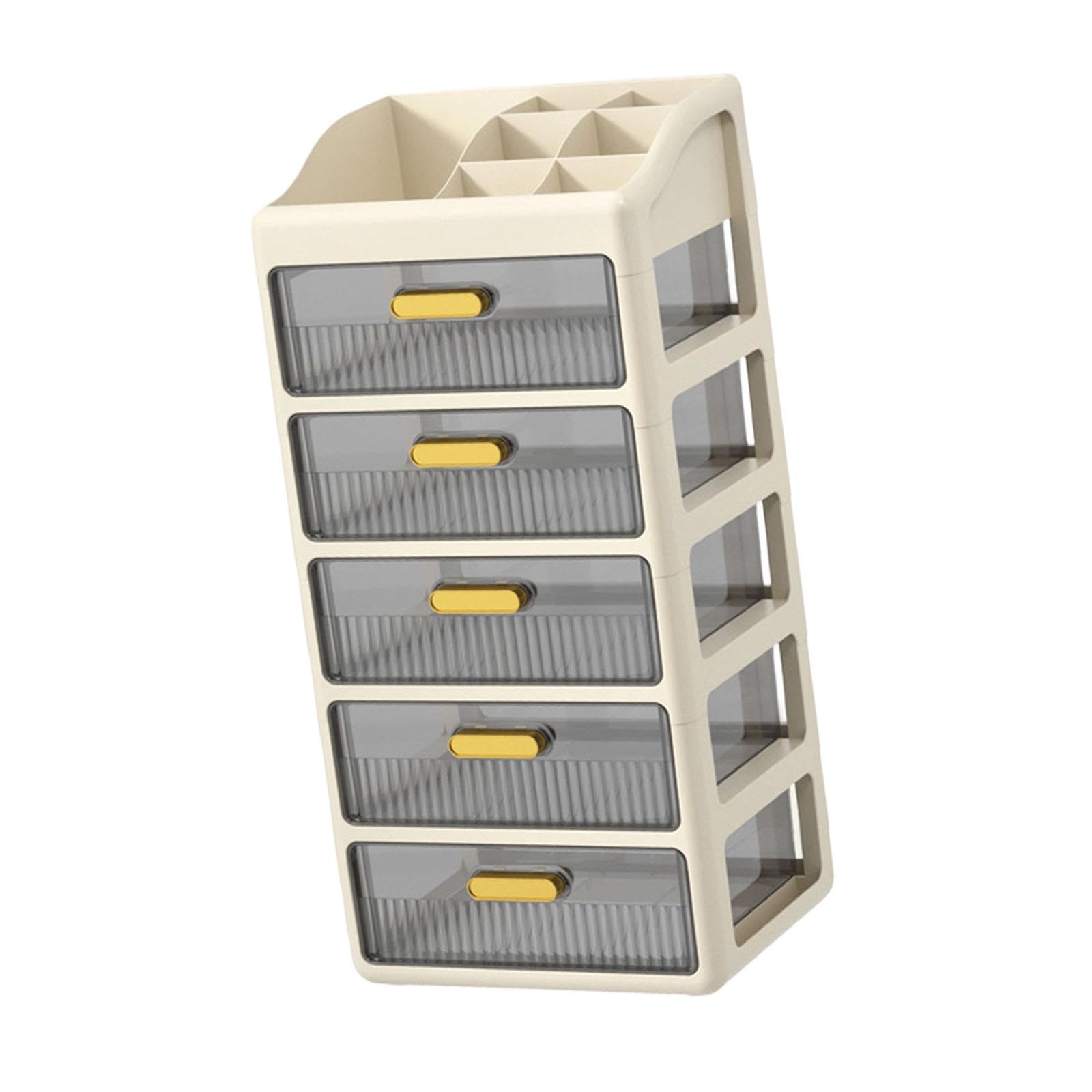 Organizzatore da scrivania con cassetti, porta cosmetici, organizer per il trucco per casa e ufficio, Crema Marrone a 5 Strati