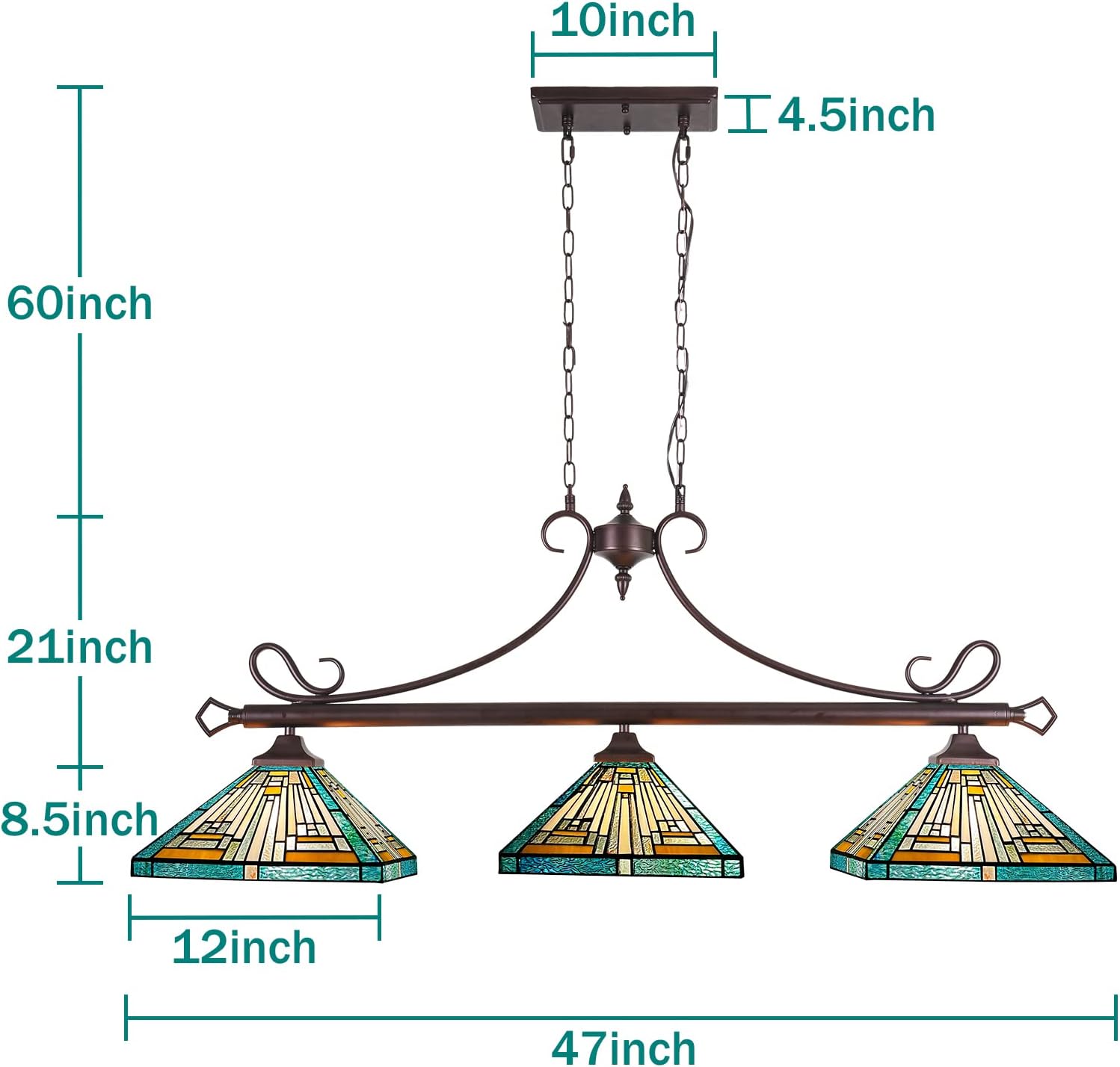 Capulina Tiffany Lamp Stained Glass Pool Table Light Chandelier 3-Lights 12 Inches Wide Amber Green Antique Mission Tiffany Style Pendant Light for Dining Room Kitchen Island Pool Table Hall Farmhouse