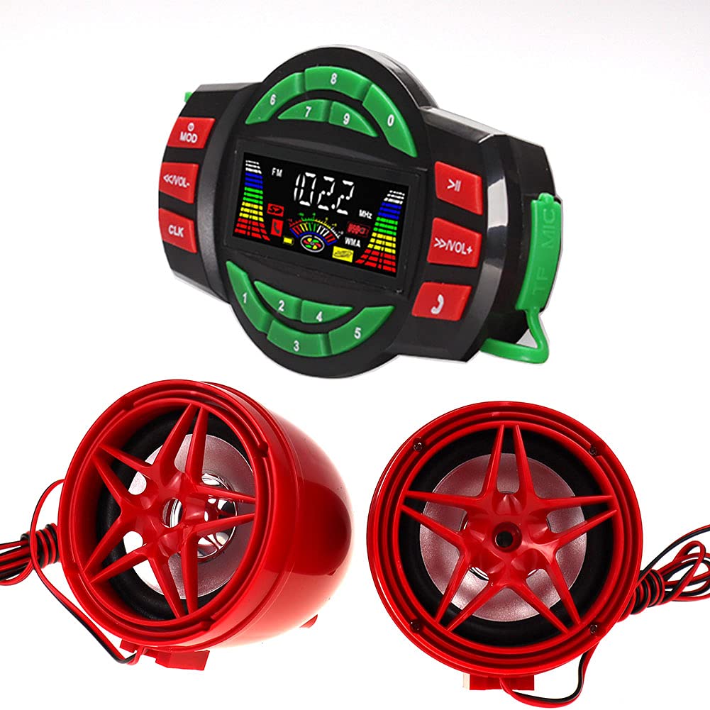 UTV ATV Bluetooth Amplifier Sound System Hand-Free Speakers FM USB Audio System Stereo 3 Inch Speakers 12V Motorcycle Waterproof Audio FM Radio Stereo Speaker (Red Star Speaker)