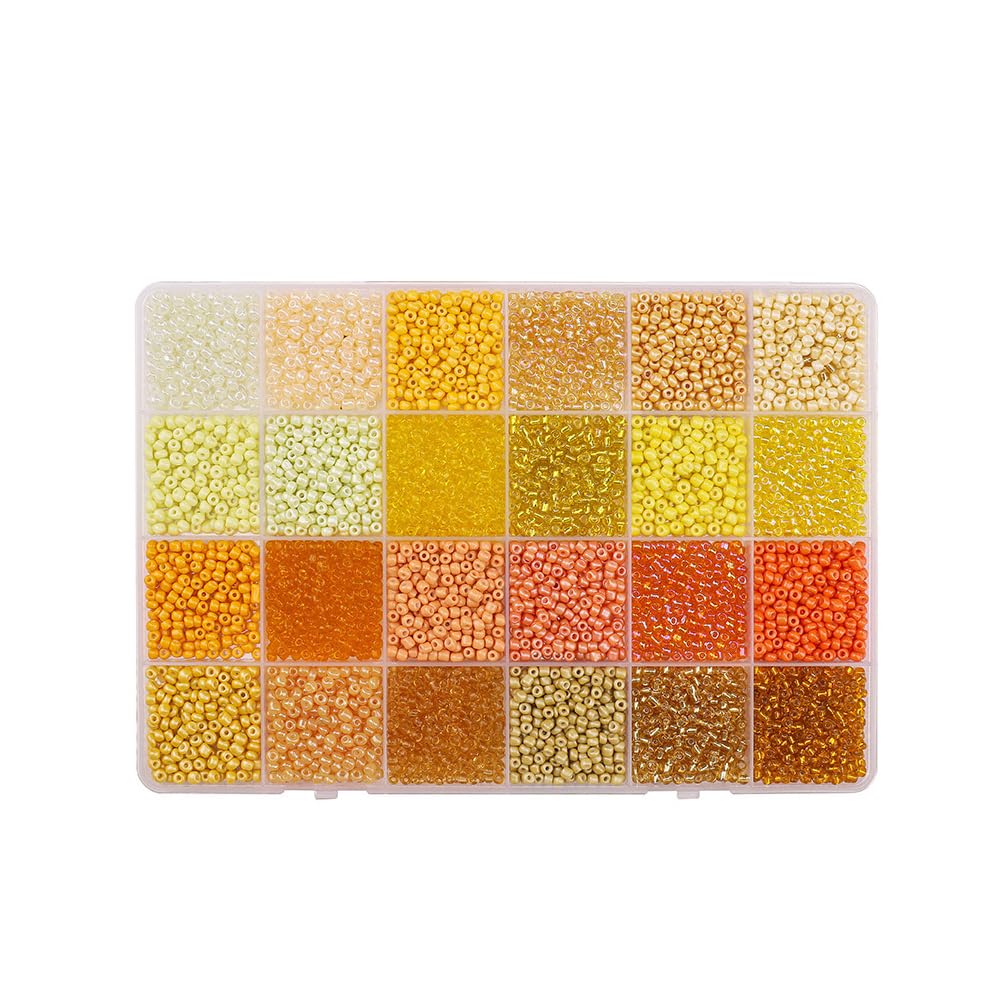 1 Box Mixed Colors Glass Seed Beads, 3mm Small Glass Seed Beads in 24-Grid Box for Bracelets, Crafting, Keychain, Yellow Tone