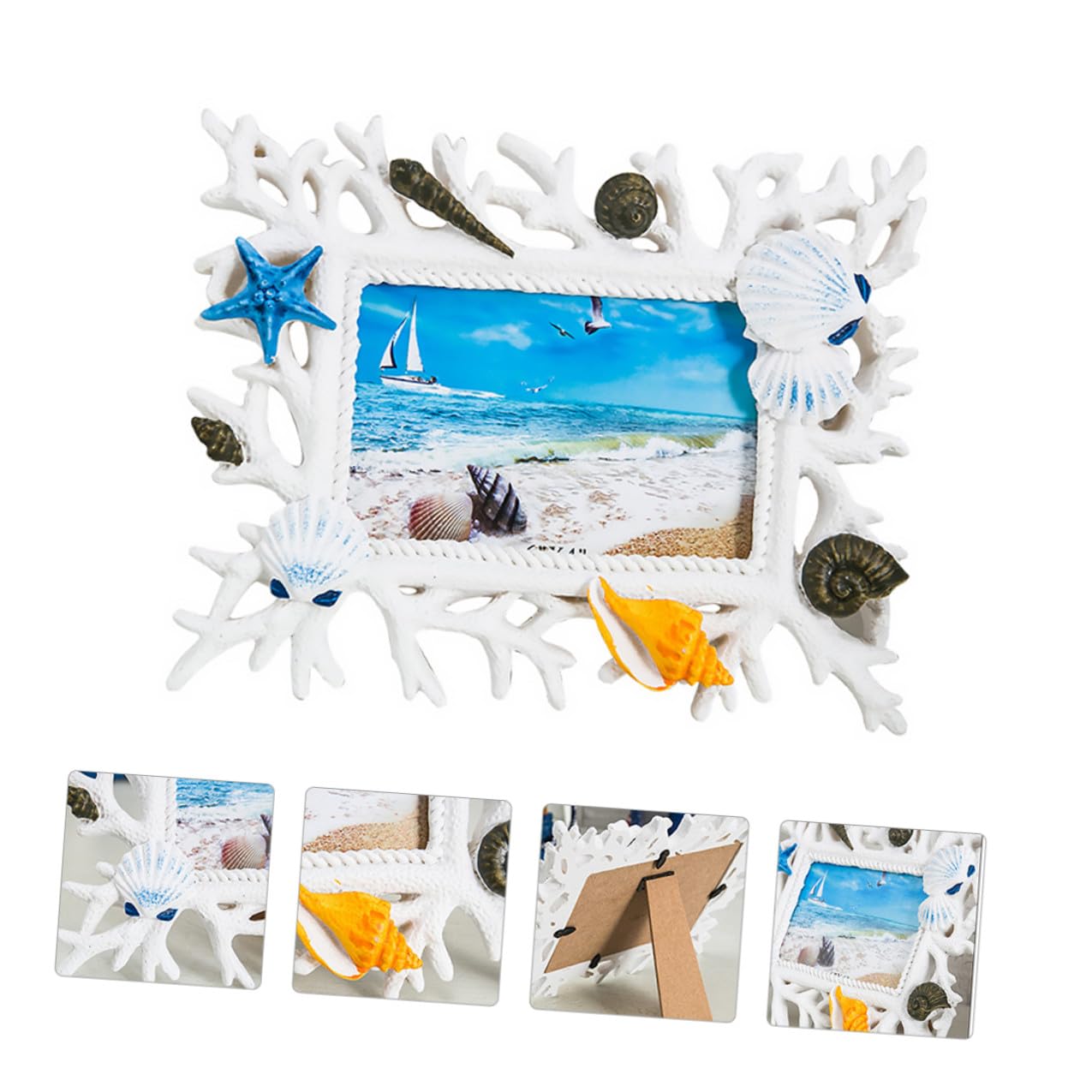Marco de Fotos de Resina Conchas Marinas Coral 6 Pulgadas, Decoración de Escritorio Mediterránea, Portafotos Creativo para Bodas y Hogar