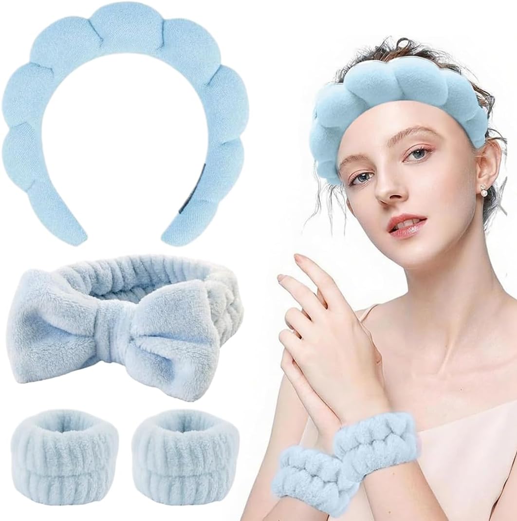 Set of 4 Hair Bands, Cosmetics, Spa Headband, Make Up Sponge Set, Women’s Skin Care Headband, Washing Face Wristband Set, Non-Slip Headband, Terry Towelling Towel Headbands for Women and Girls (Blue)