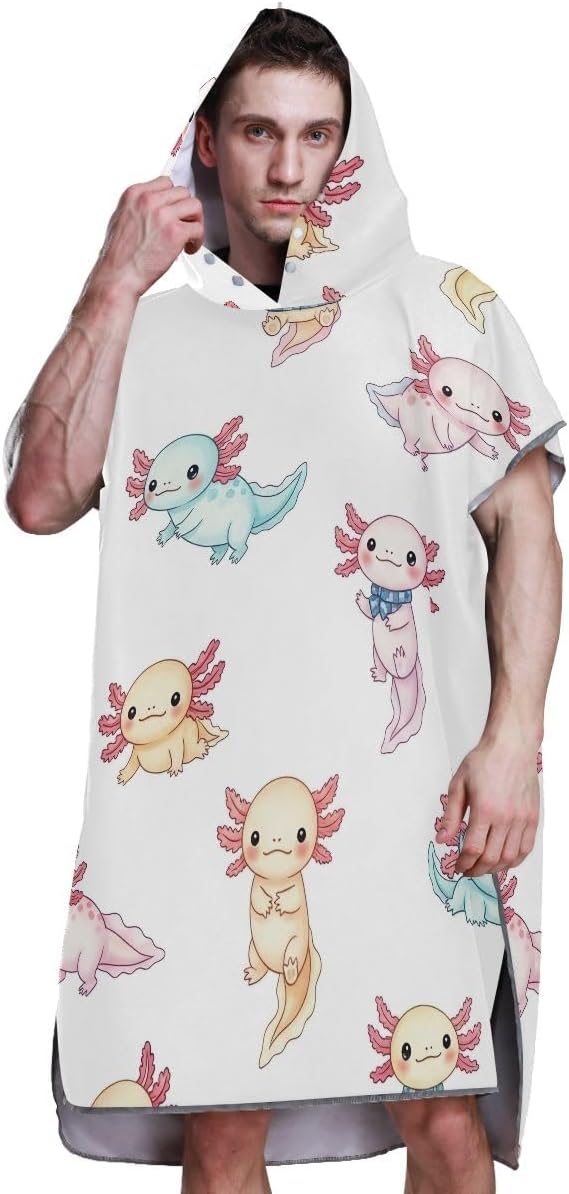 Joisal Changing Robe for Adults Surf Poncho Hooded Beach Towel Print Absorbent Cute Axolotl White Adult Ponchos for Women