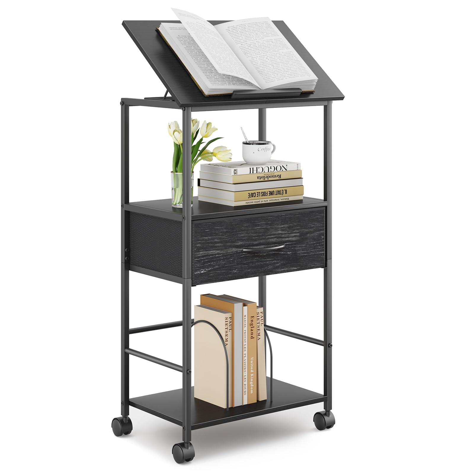 HOMEKOKO 3-Tier Bookshelf with Adjustable Flip Top, Living Room Industrial Movable Bookcase, Rustic Book Shelf with Drawer, Wood-Metal Rustic Bookshelves (Black Wood Veins)