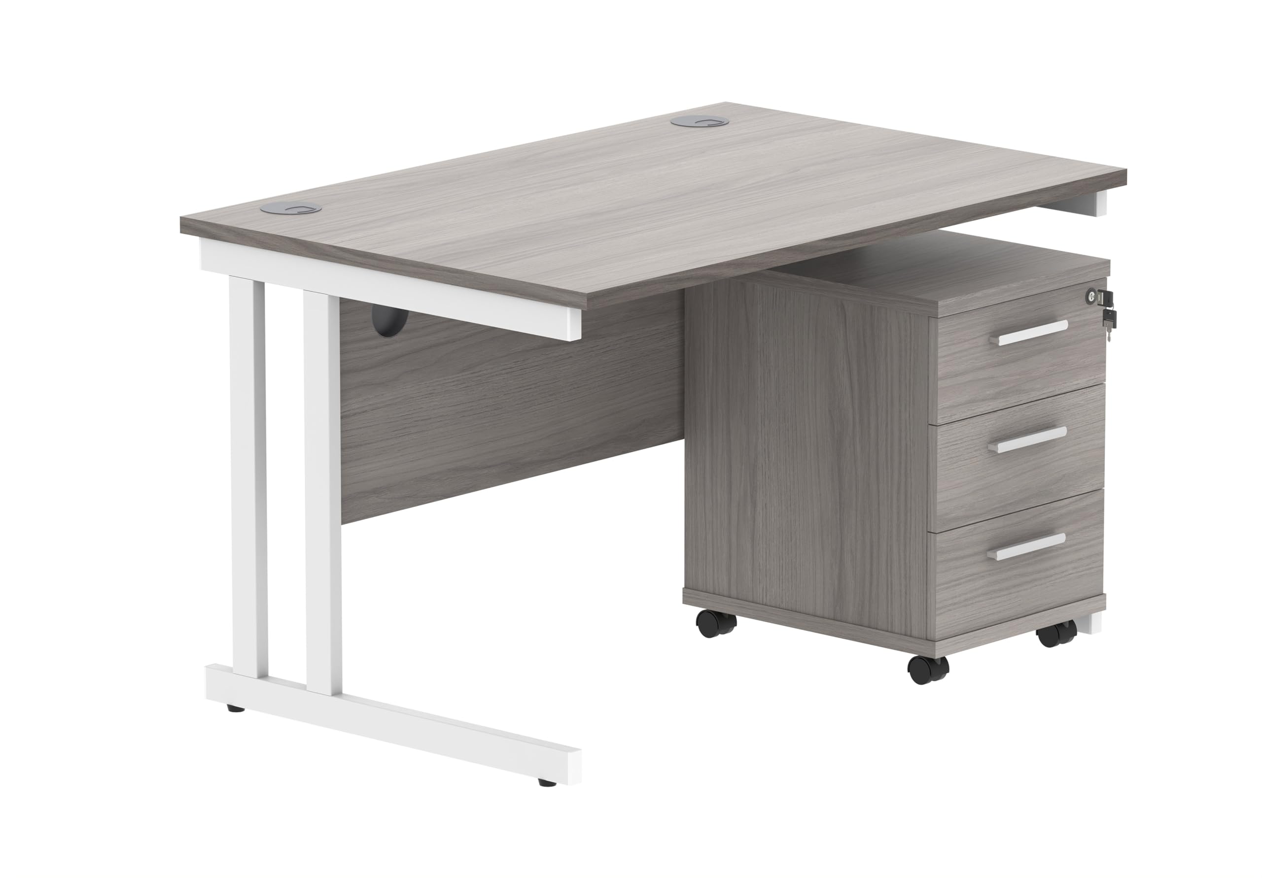 Office Hippo Heavy Duty Rectangular PC Office Desk with Storage, 3 Drawer Mobile Pedestal, White Frame, Alaskan Grey Oak Top, 120 x 80 x 73 cm