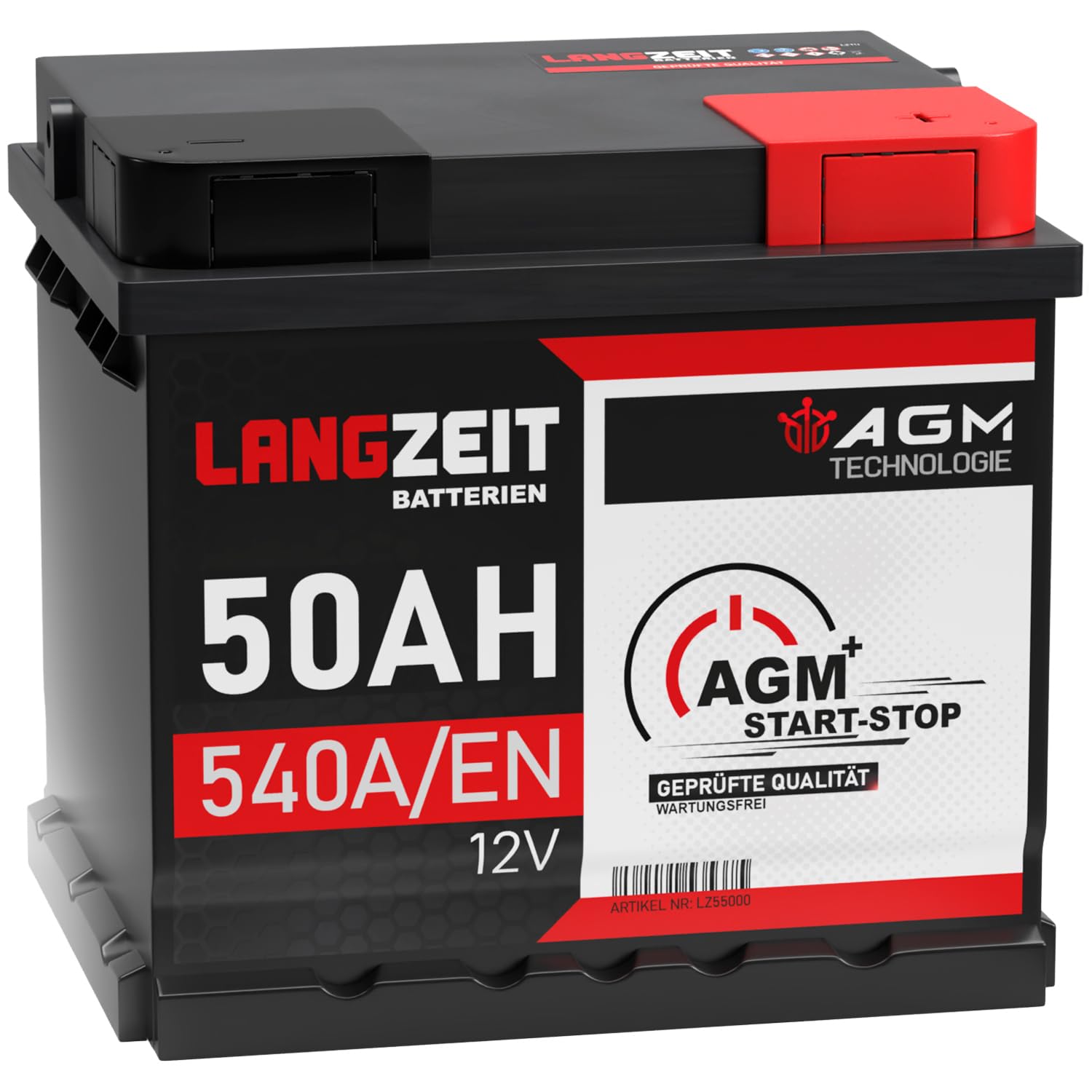 LANGZEIT AGM Batterie 50Ah 12V 540A/EN Start-Stop Autobatterie VRLA