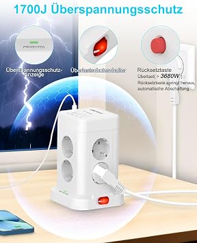 Multiple Socket with 4 USB 8-Way Socket Strip Flat Plug Surge Protection Socket Cube Multiple Plug Strip with Switch Socket Tower Distribution Socket 2 m Extension Cable