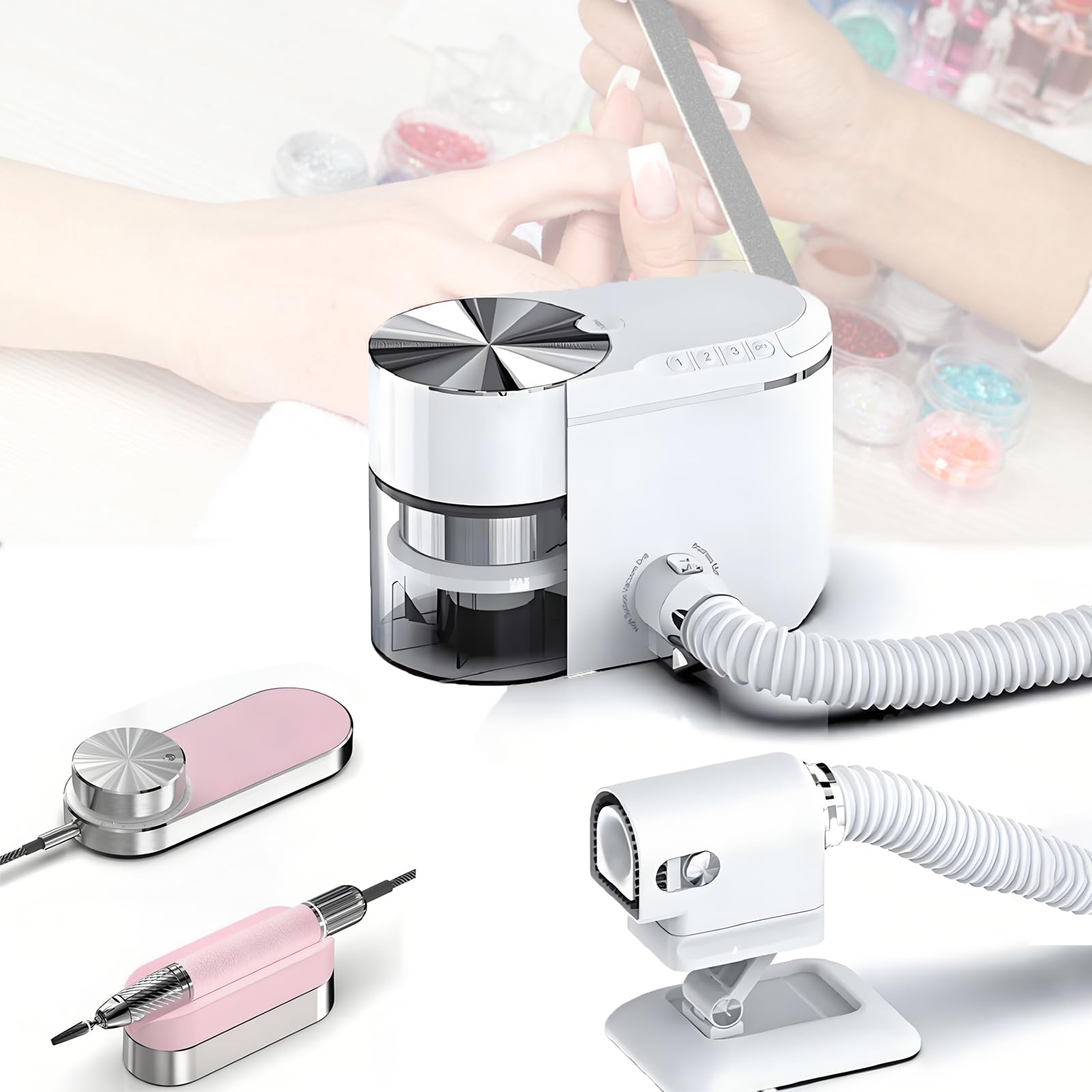 Kit Trapano Elettrico per Unghie e aspirapolvere, aspiratore per Polvere per Unghie, Batteria da 1600 mAh, velocità Regolabile da 1000 a 30000 Giri/min, Rotazione bidirezionale, b