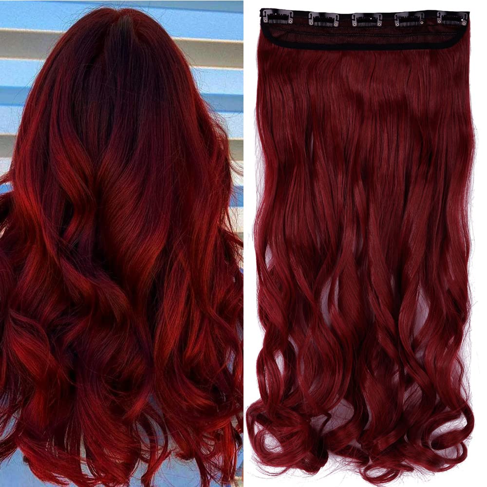 TESS Extensiones de Clip de Pelo Natural Ondulado 60 cm, Extensiones Pelo Natural Sintético Rojo Oscuro Extensiones de Pelo 1 PC 5 Clips 120g Extensiones de Clip