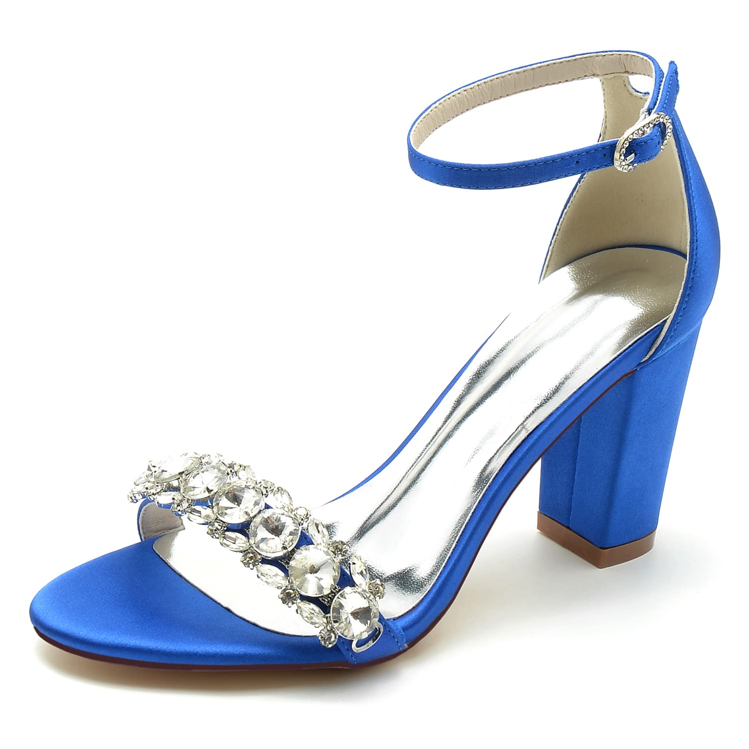 OTMYIGO Sandalias de tacón de Bloque con Correa de Tobillo para Mujer Sandalias tacón Tiras Abiertas Punta Abierta Hebilla Tacón Grueso Diamantes imitación Fiesta Novia Zapatos Boda
