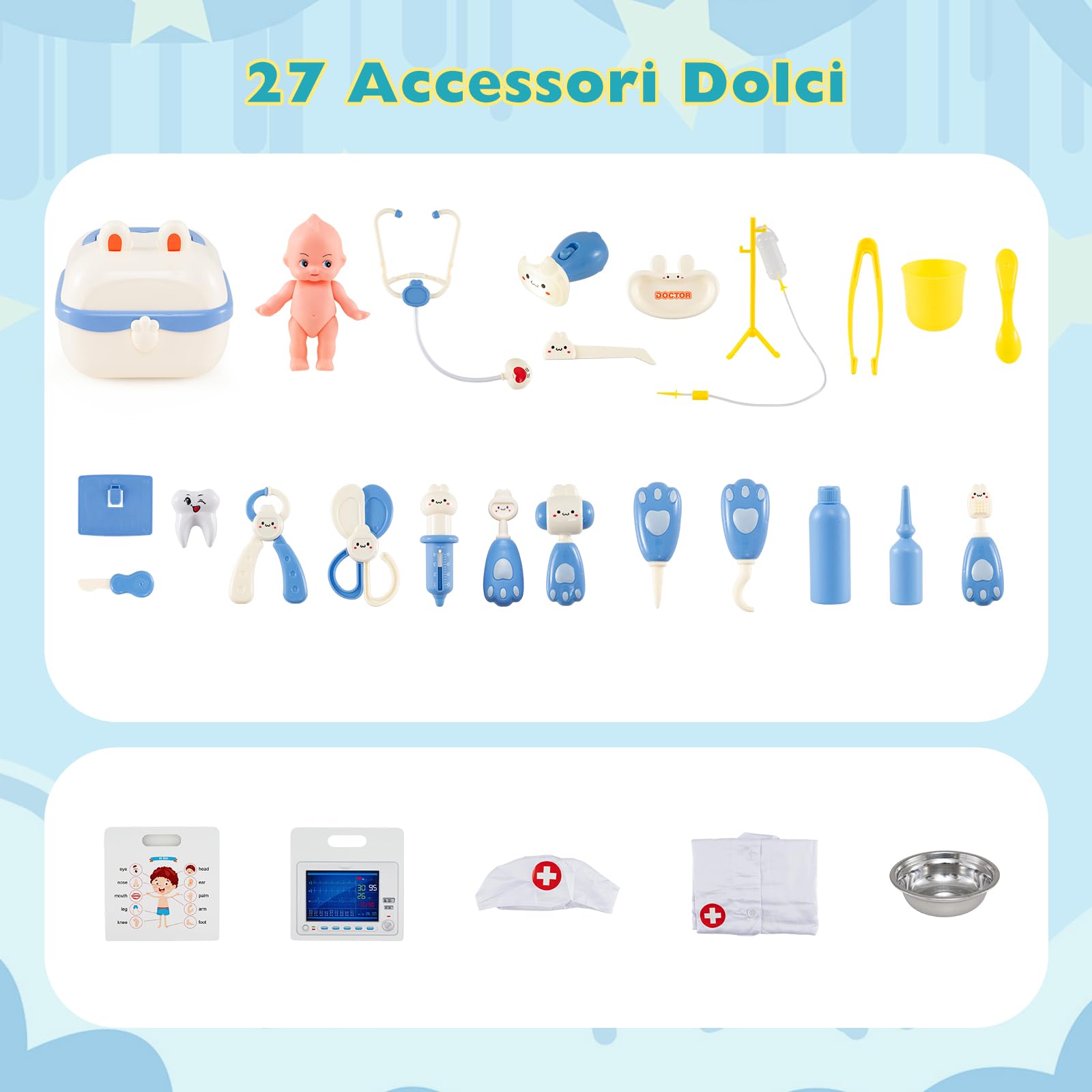 COSTWAY Kit Dottoressa Bambini a Tre Facce, Centro Medico Giocattolo in Legno con Monitor ECG, Rubinetto e 27 Accessori, Luci e Suoni, Regalo Bambini 3-6 Anni, 93 x 54,5 x 98,5 cm