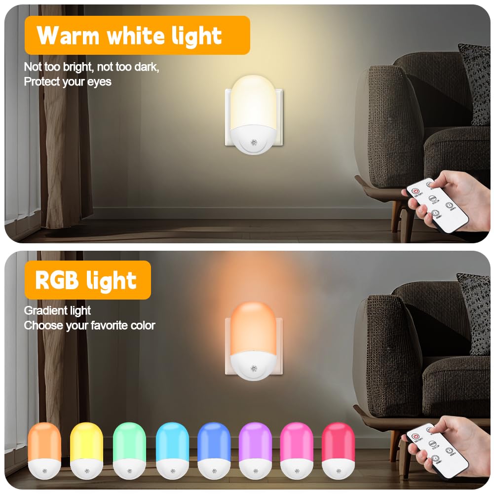 HOTUT Veilleuse Prise Murale RGB Avec Capteur Crépusculaire + Télécommande – Lumière Douce Enfant, Minuterie 30/60 Min, 8 Couleurs – Chambre, Couloir, Escalier