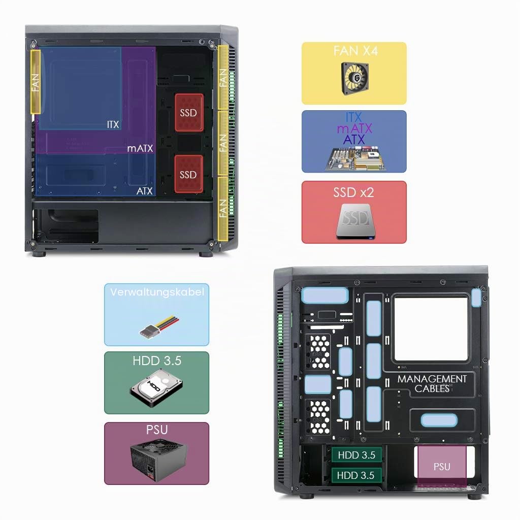 EMPIRE GAMING Warmachine - Gamer-PC-Gehäuse – Mittelgroßer ATX Gehäuseturm - 4 Geräuschlose Lüfter - LED-RGB-Dual-Ring: Rückbeleuchtung mit 11 Modi - Front und Seite aus Vorgespanntem Glas
