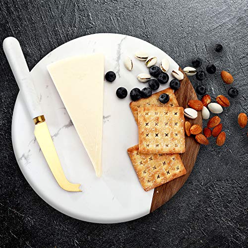 Vudeco White Marble And Acacia Wooden Cheese Board & Knife Set Marble Tray For Meats Breads Round Cutting Serving Board Cheese Cutter Slicer Stainless Steel Knife - 10" Marble Stone Cutting Board #TOP4