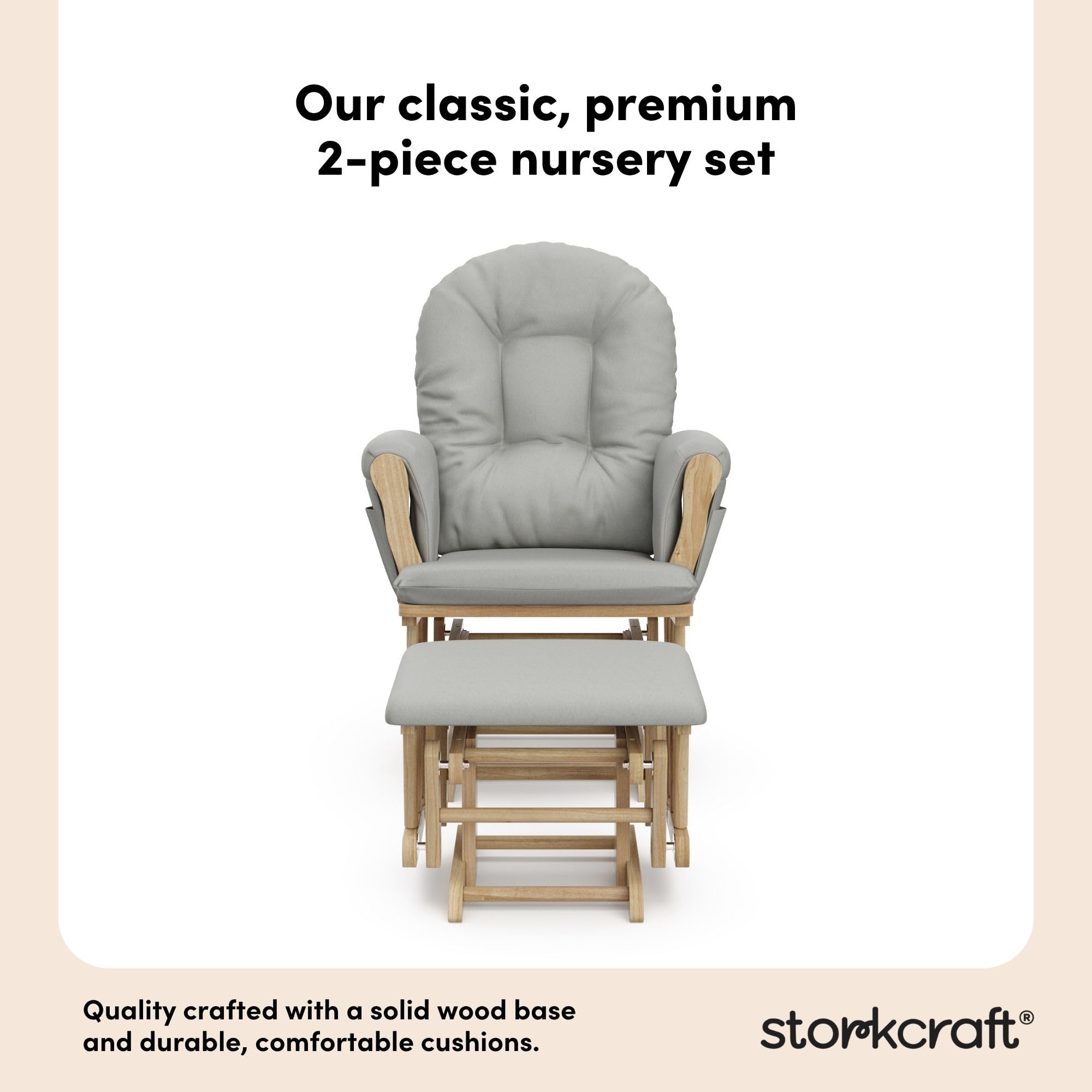 Storkcraft Premium Hoop Glider and Ottoman (Natural/Light Gray) – Padded Cushions with Storage Pocket, Smooth Rocking Motion, Easy to Assemble, Solid Hardwood Base